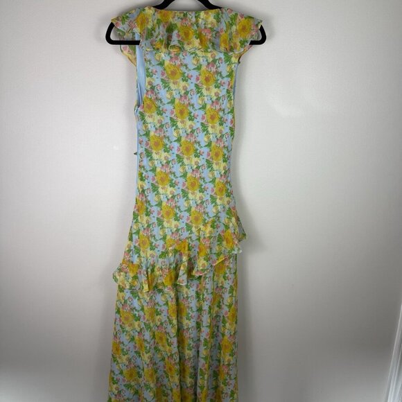 ASTR The Label Floral Ruffle Maxi Dress Blue Yellow Pink Size S Read Side Zipper - Picture 8 of 11